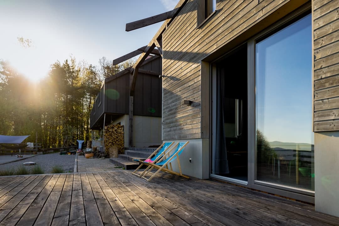 Wooden deck with warm stain finish and outdoor seating area